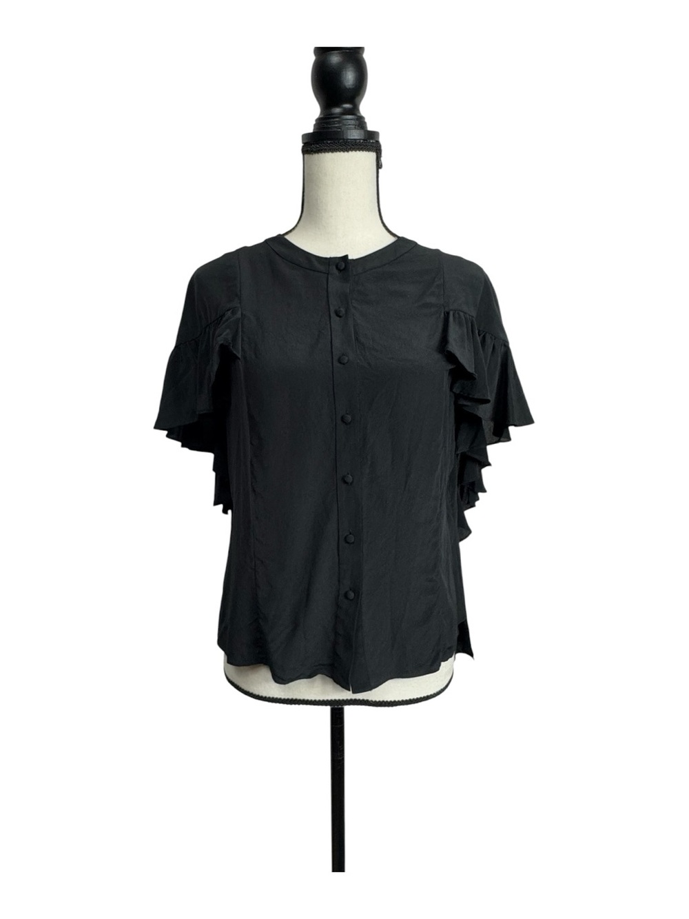 Alexis Black Ruffle Sleeve Button-Front Top Cape Large